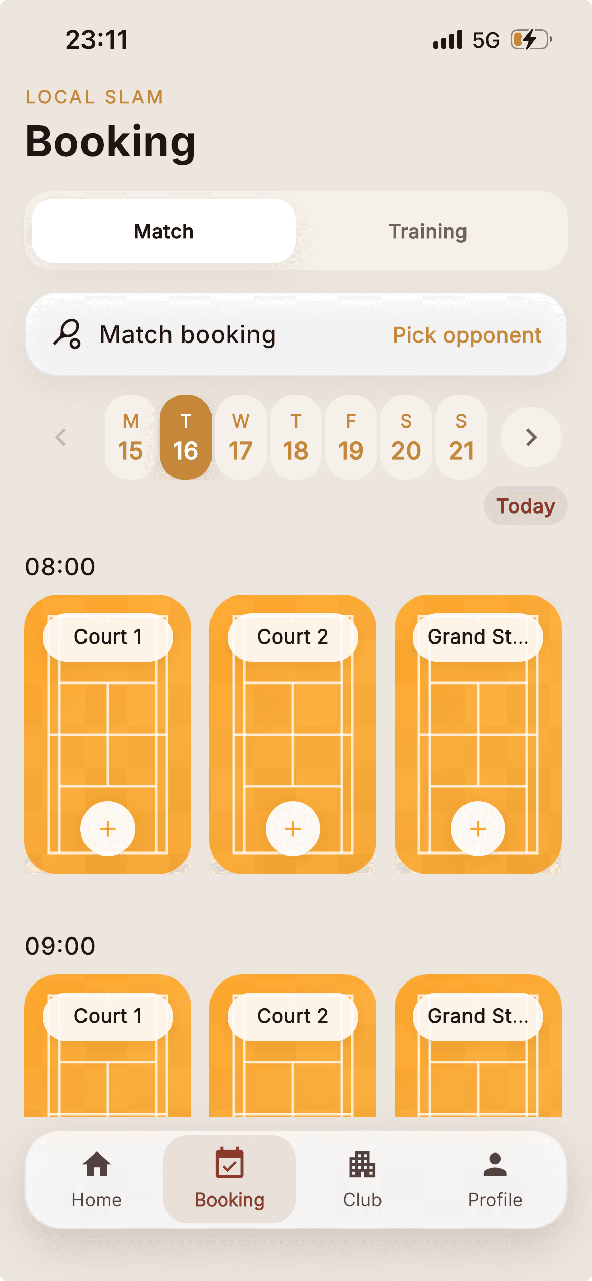 Local Slam mobile booking screen